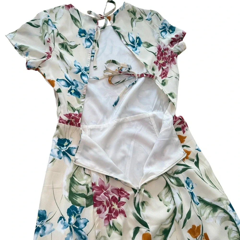 Lulus XS Floral Midi Dress Tie Back Slit‎ Tropical Summer Vacation